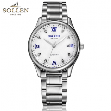 梭倫sollen 全自動(dòng)機(jī)械表鋼帶鑲鉆超薄防水皮帶男表 9002A01銀
